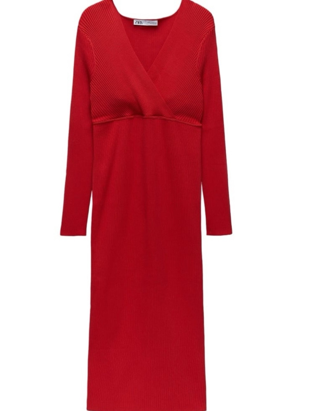XL Zara Red Ribbed Wrap-Style Long Sleeve Midi Dress